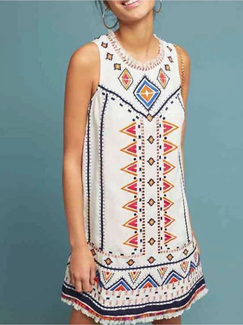 Anthropologie Cream Embroidered Tribal Shift Dress with Red & Blue Accents 12 - Picture 2 of 11